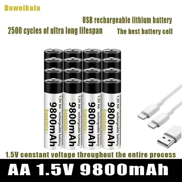 2024 New USB-C 1.5V AA Battery Fast charging Li-ion Battery 9800mAh for Remote Control Mouse Electric Toy Battery + USB-C Cable 1