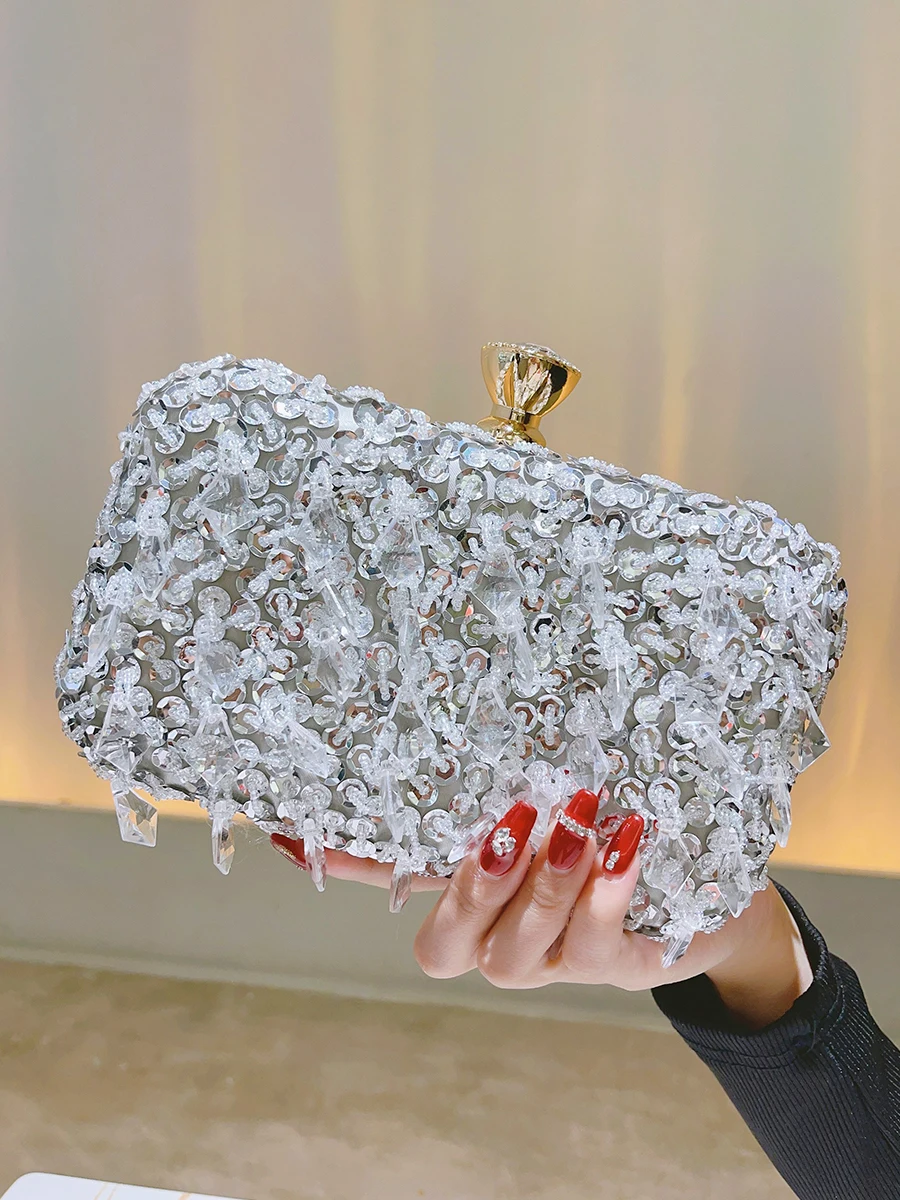 Beaded Sequins Evening Bag, Elegant Box Clutch Purse, Women's