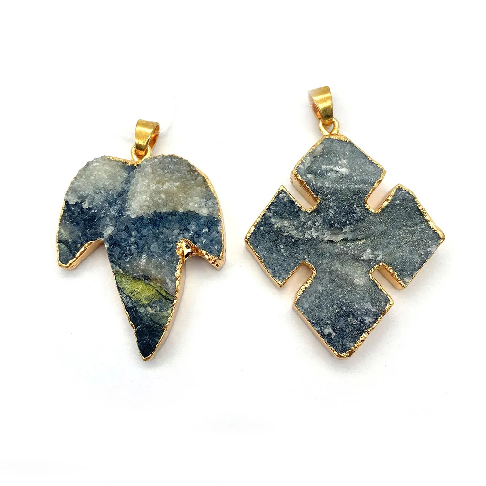 

Natural Stone Druzy Crystal Pendants Fashion Jewelry DIY Making Necklace Irregular Geometric Shape Maple Leaf Charms Accessories