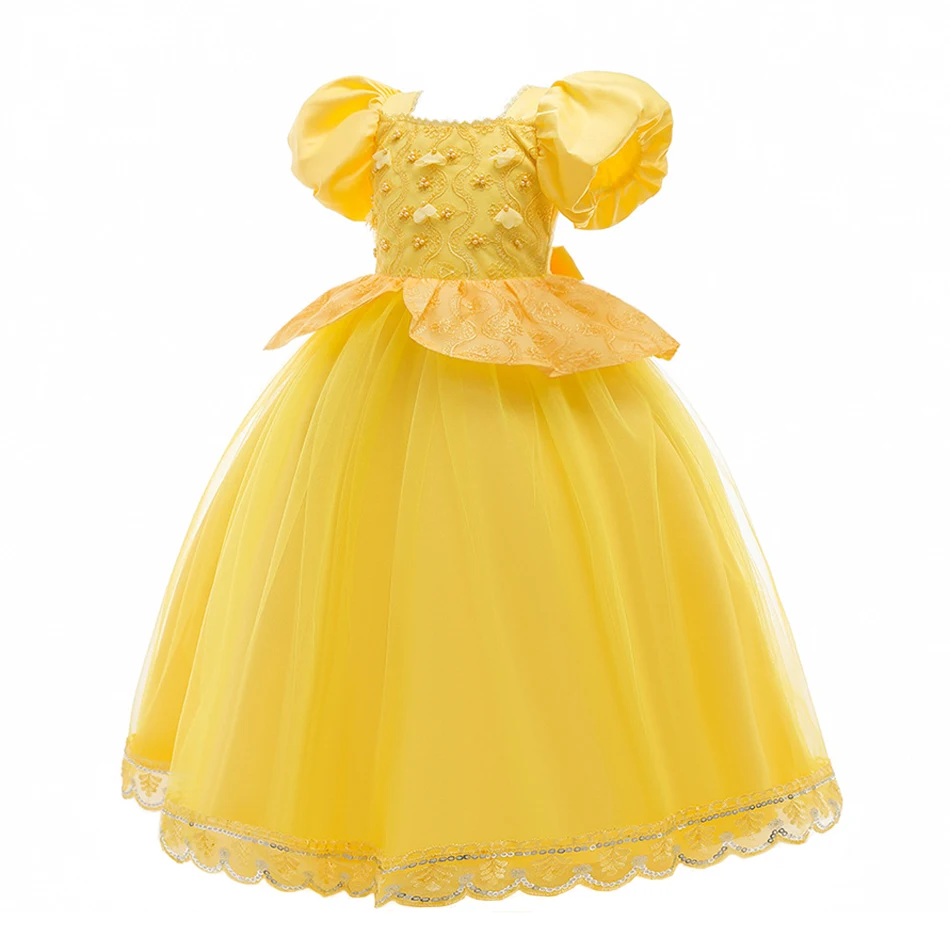 Disney Belle Prinses Baljurk Geel Mesh Gezwollen Rok Kid Carnaval Verjaardagsfeestje Halloween Kostuum Bruiloft Bloem Kind Jurk