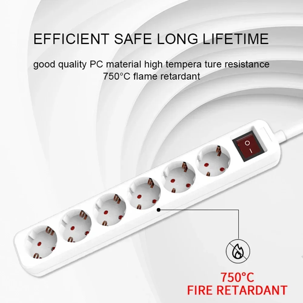 Power Strip Plug Adapter Electrical Socket 3-6 AC EU 1.5m