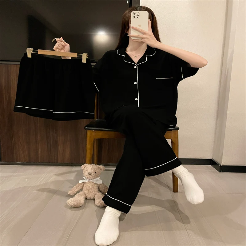 2023년 여름 여성 잠옷 반팔 오픈 가디건 루즈핏 캐주얼 한국 스타일 3피스 세트 면 홈웨어