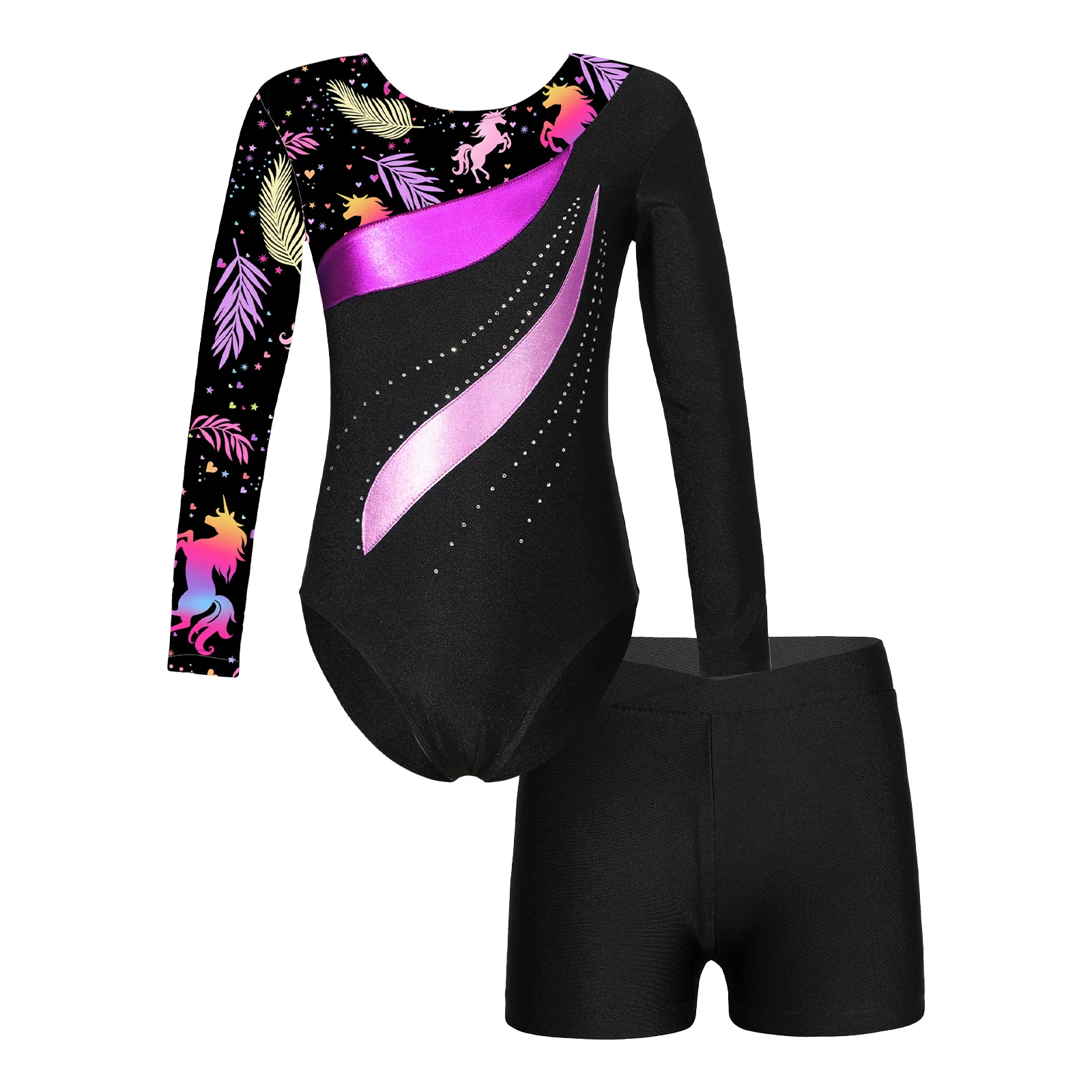 Kids Gymnastics Jumpsuit For Girls Long Sleeve Rhinestone Ballet Dance Leotards Dancewear Sets Teens Children's Skating Bodysuit