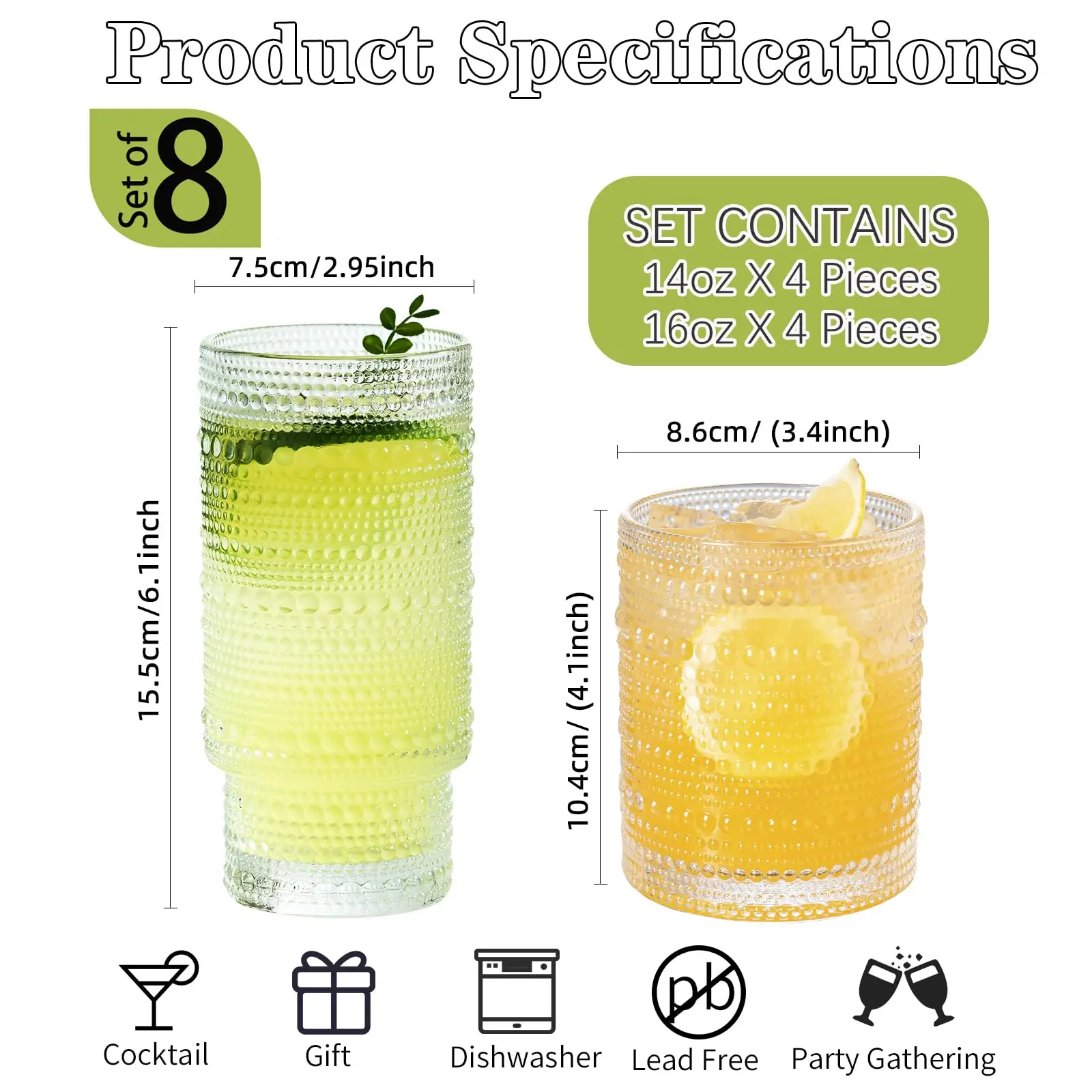8PCS Raindrop Cup Glasses Vintage Glassware 14/16 oz Cute Beaded Bubble Cocktail Cup For Wine Beer Juice Whiskey