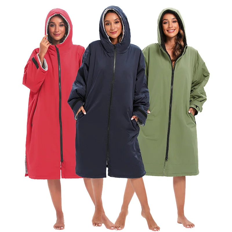 Unisex Surf Changing Robe Winter Outdoor Waterproof Microfiber Jacket Hooded Cloak Beach Surf Pool Lining Anorak Raincoat Coat
