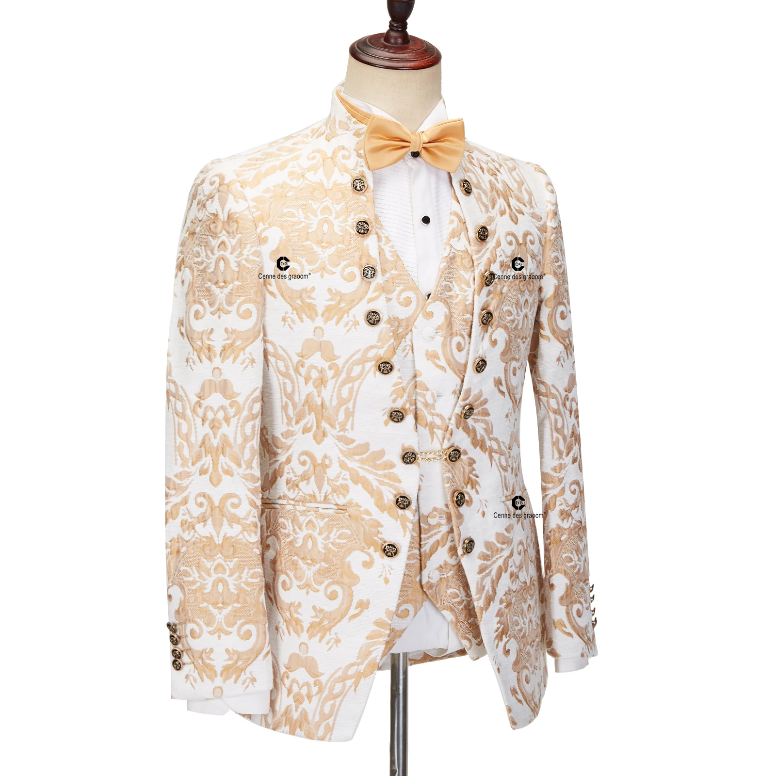Cenne Des Graoom 2024 New Men Suits Floral Jacquard Blazers Waistcoat Pants 3 Pieces Set Ceremonial Occasion Party Wear Prom 5