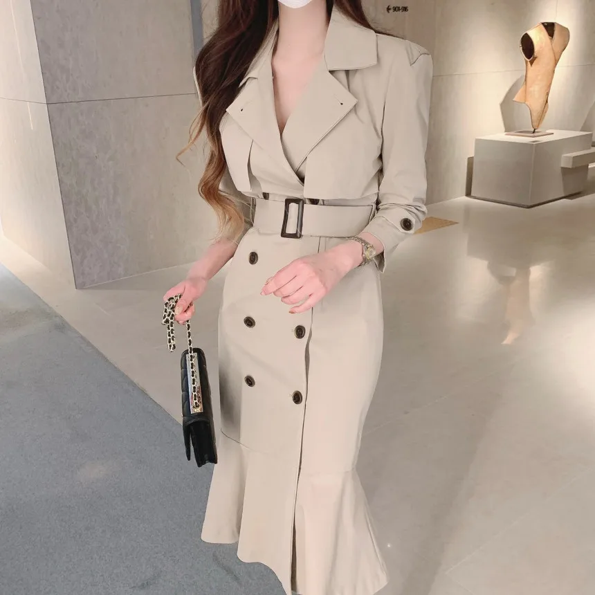 

Black Trench Coat Dress 2023 Korean Chic Office Lady Dress Elegant OL Temperament Dress Khaki Waist Slim Mermaid Dress With Belt