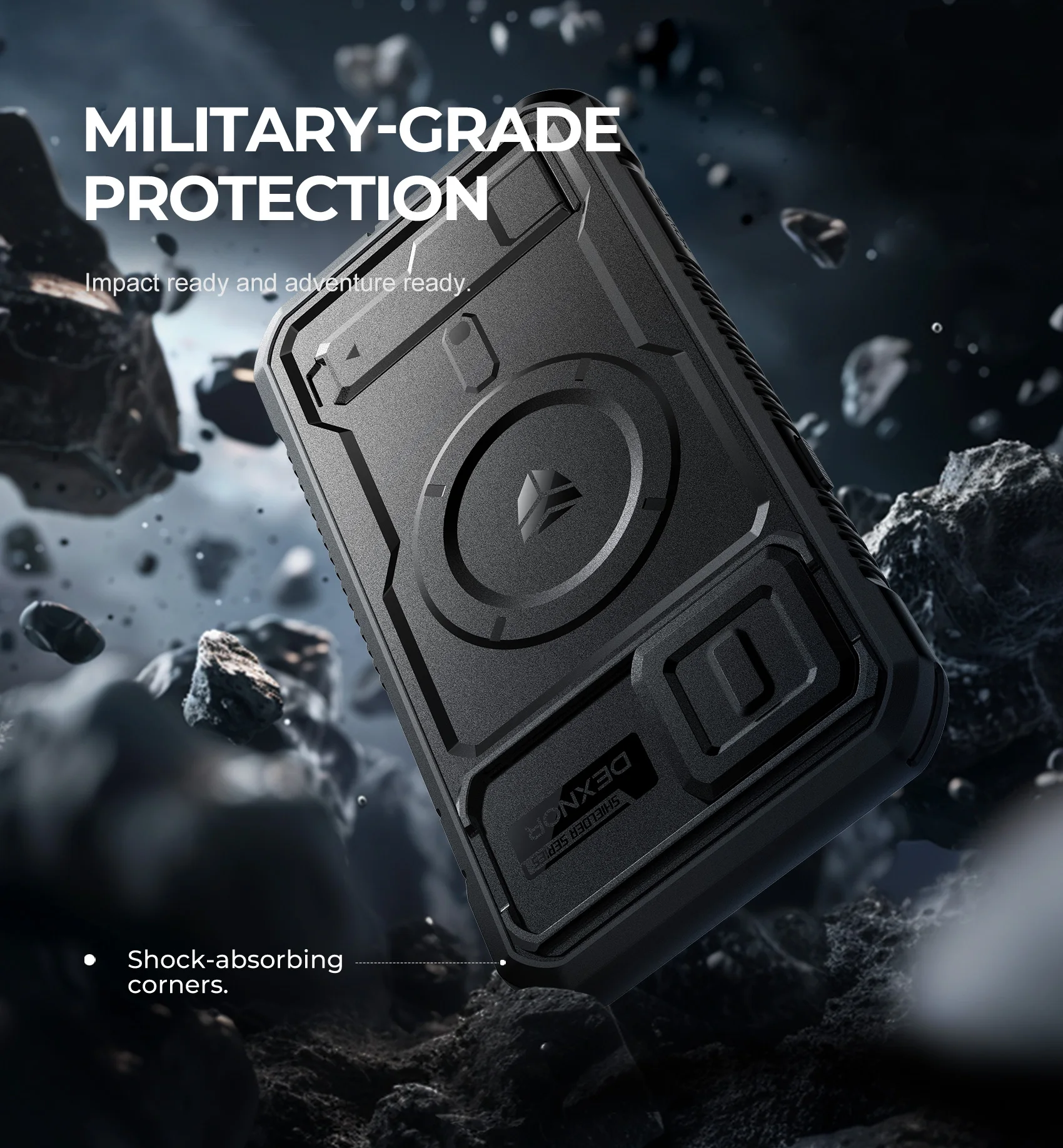 Rugged Armor Shockproof Case with Camera Cover, Built-in Screen Protector, and Kickstand