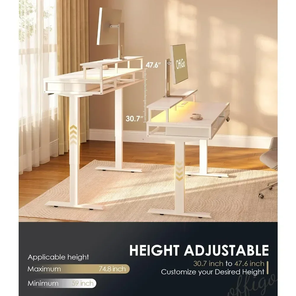 height-adjustable 55" electric desk with storage drawers, keyboard tray, power outlets, and led lighting for sit-stand workstati