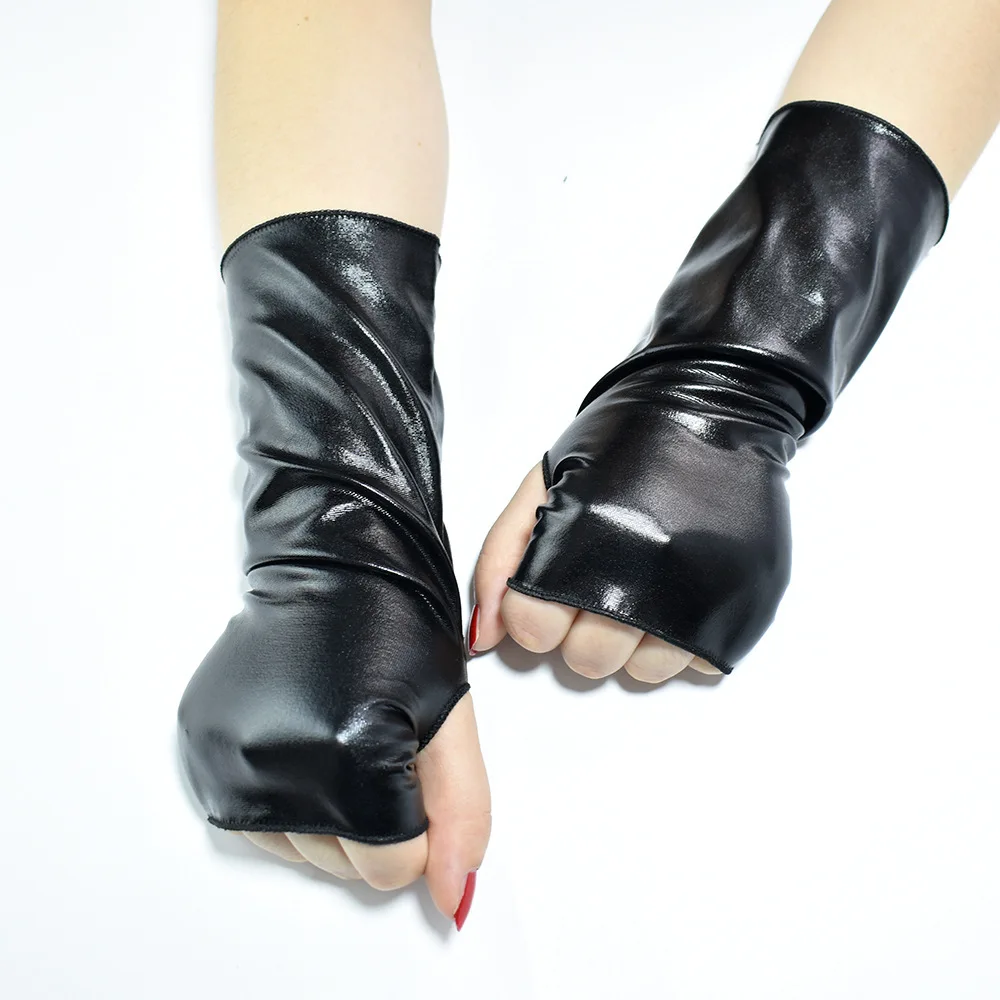 

Short Fingerless Shiny Black Lacquer Leather Gloves for Halloween Dress up Punk Style Cos Jumpy Hip Hop Dance Gloves