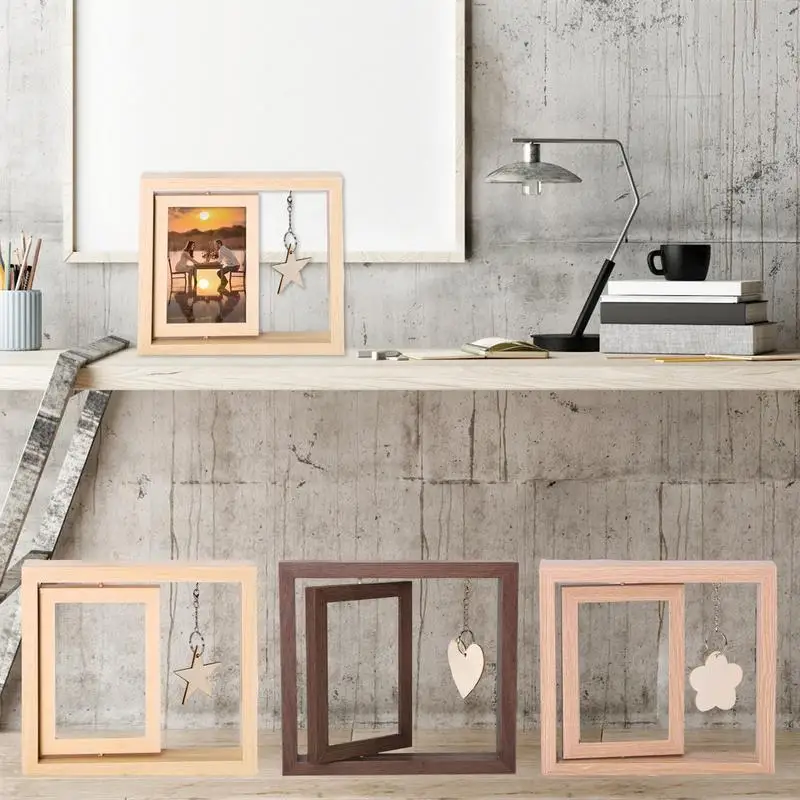 

Double Sided Rotating Photo Frame Rustic Wooden 360 Degree Picture Frames Photo Display Frame With Flower Pendant For Tabletop