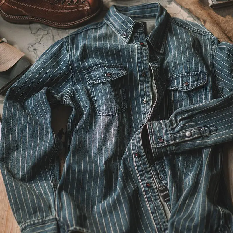 NEWAmericanVintageDenimShirtVerticalStripedHeavyweightMens