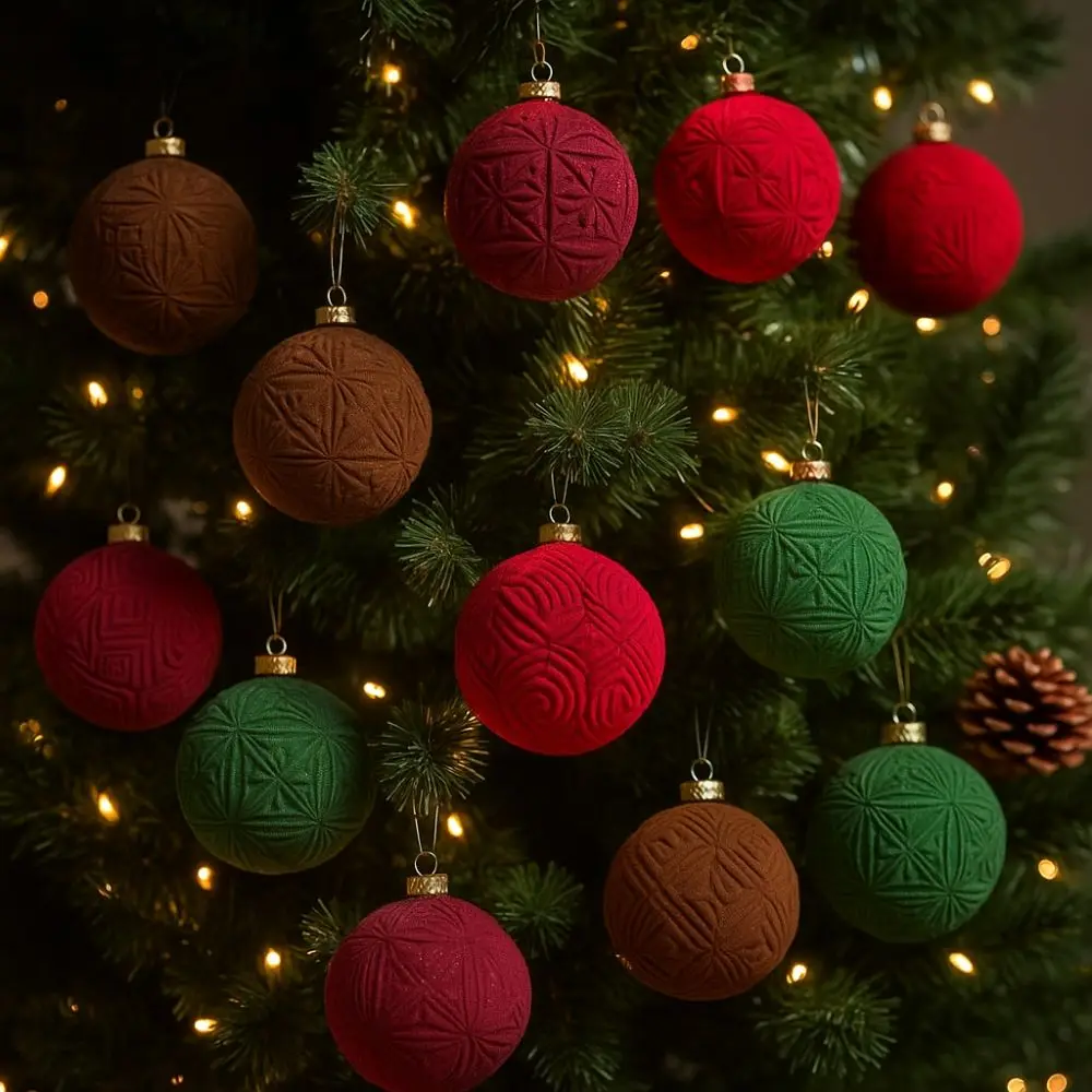 9pcs 10cm Christmas Hanging Balls Flocking Vintage Velvet Christmas Balls Shatterproof Plastic Christmas Spheres