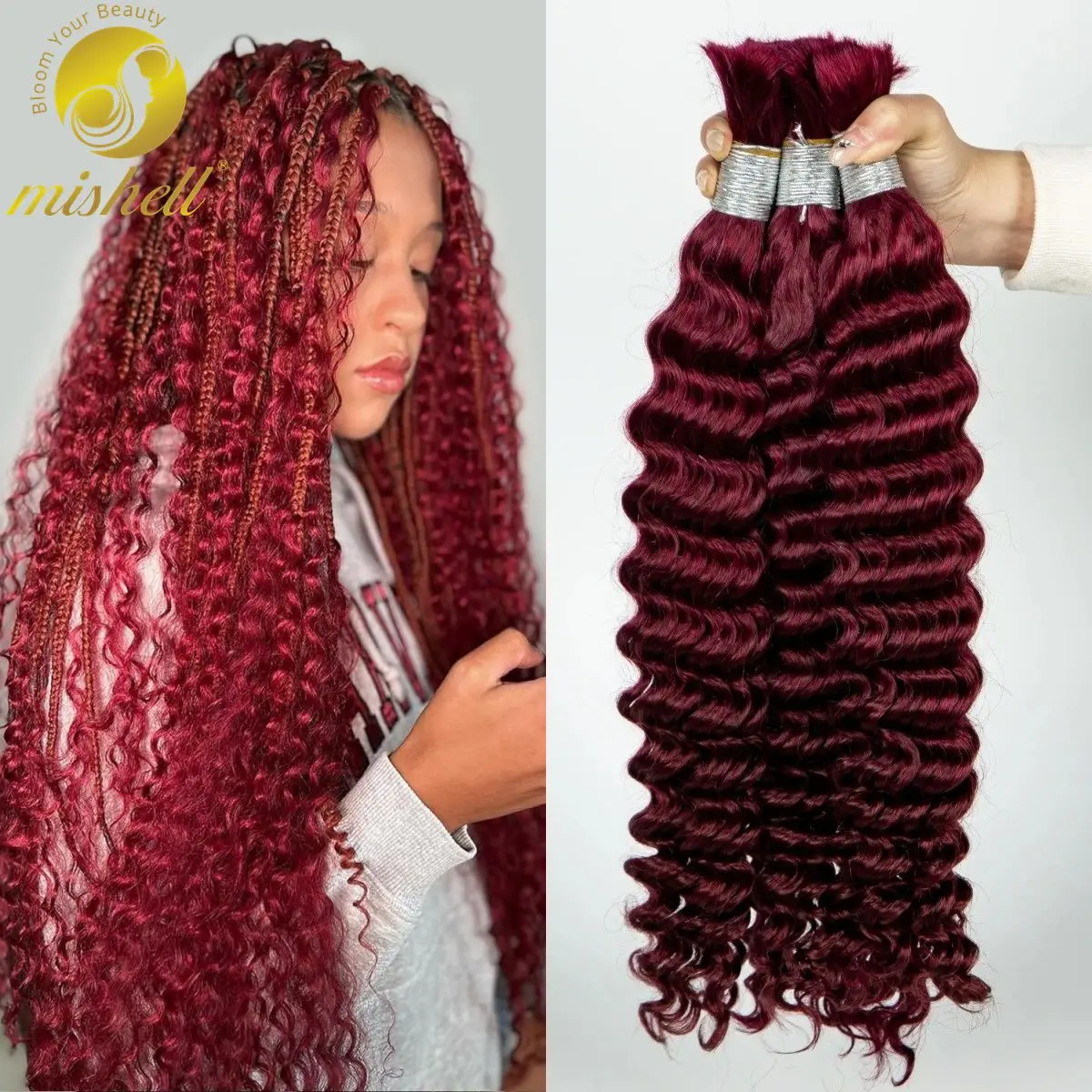 

Burgundy 26 28 Inch Human Hair For Braiding Deep Wave Bulk No Weft 100% Virgin Dark Red Hair Human Braiding Hair For Boho Braids