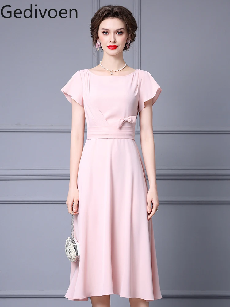 

Gedivoen Summer Fashion Runway New Designer Butterfly Short Sleeve Zipper BOW Solid Pink Casual Style A-LINE Dress