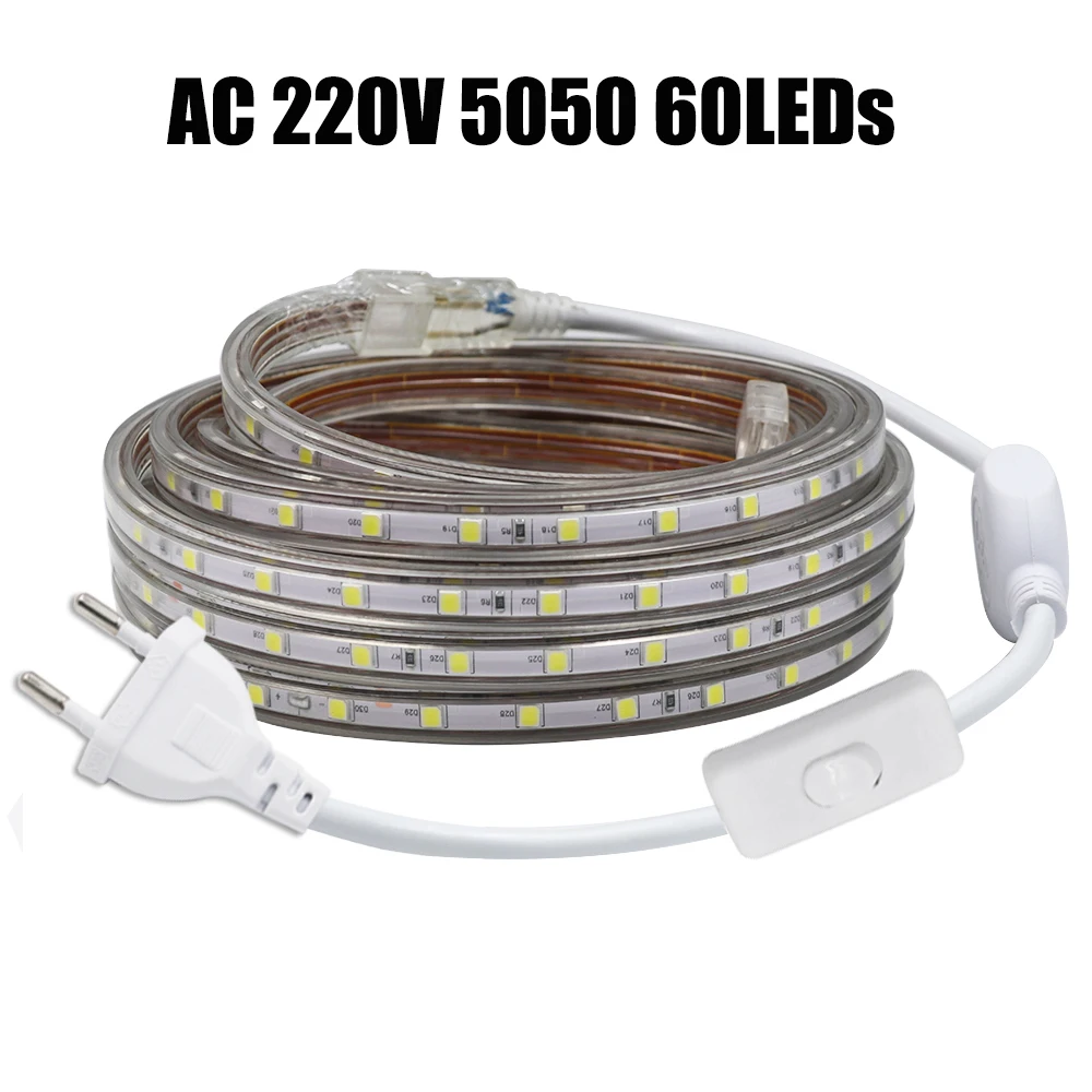 

220V LED Strip Light 5m 10m 15m 20m Flexible LED Tape with ON OFF Switch Plug SMD5050 60LEDs/m Waterproof LED Ribbon Light Bar