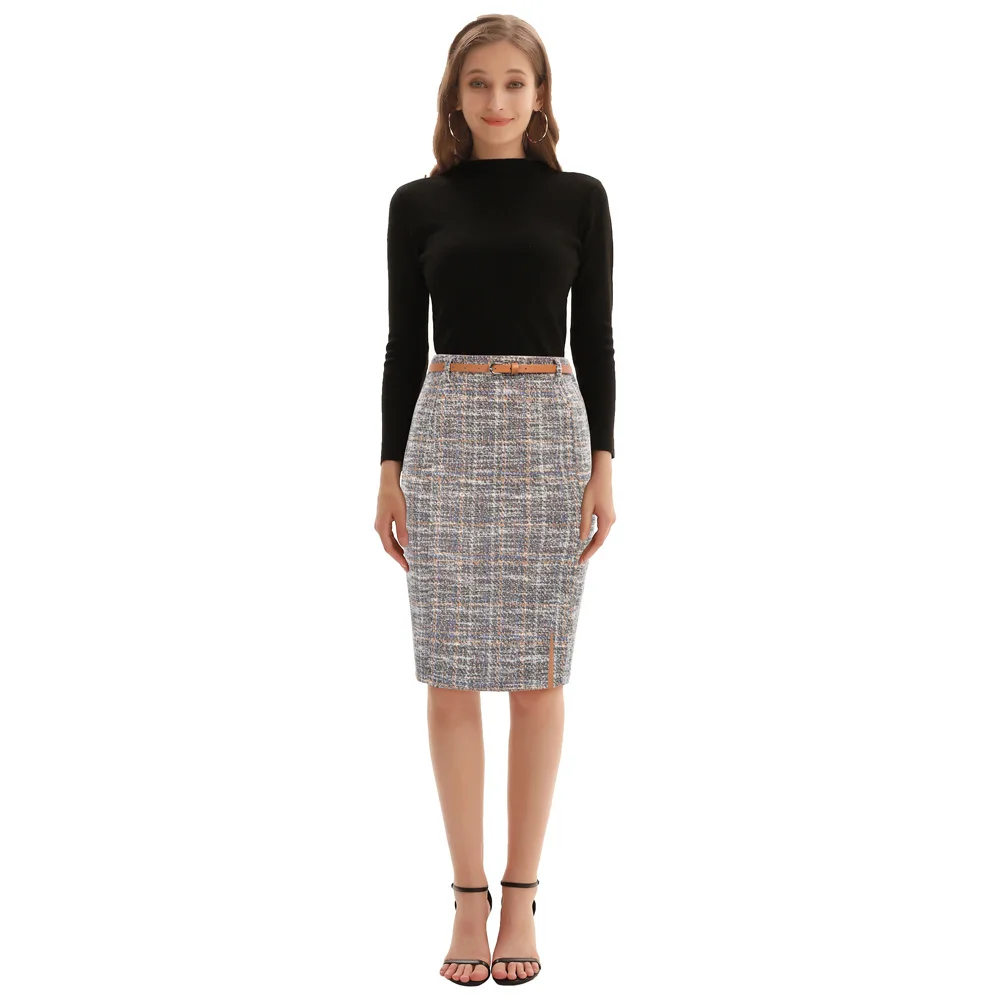 

KK Women's Slim Fit Skirt Fashionable Tweed Plaid Print Belted High Waist Knee Slit Front Work Office Women's Skirt