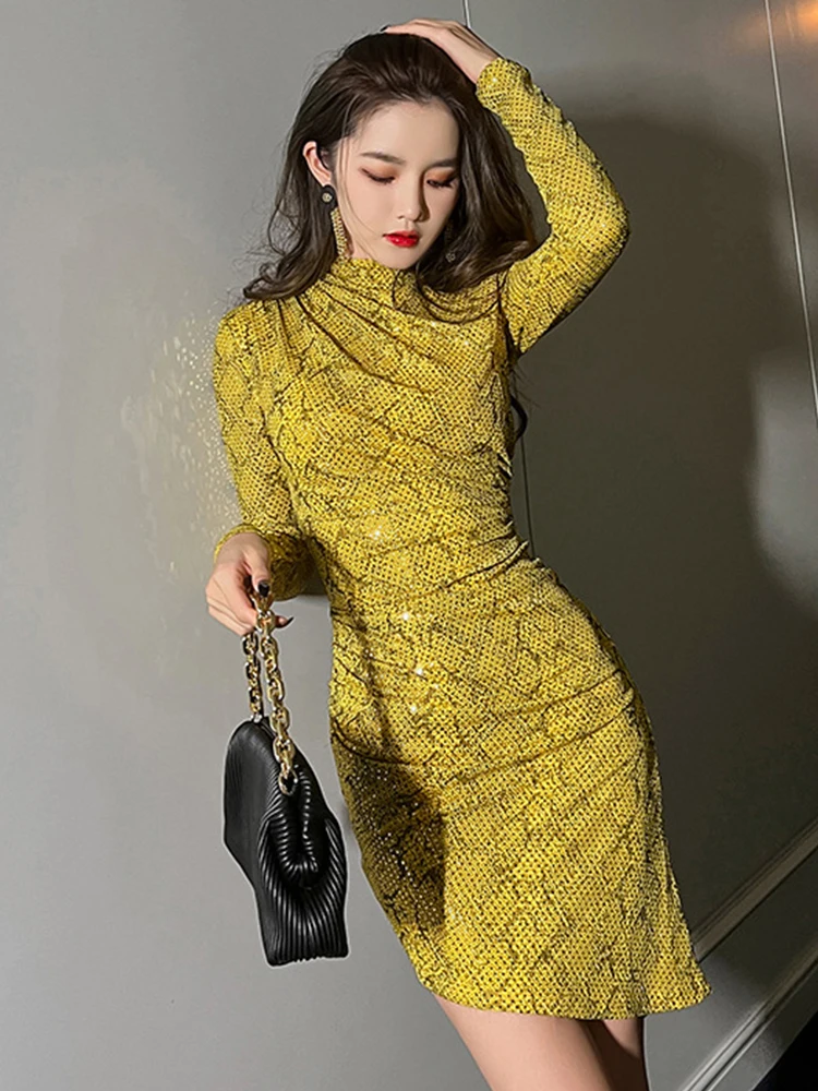 2023 Spring Trendy Fashion Mini Dresses for Women Yellow Bright Sequin  Print Long Sleeve Folds Skinny Clothes Lady Party Vestido - AliExpress