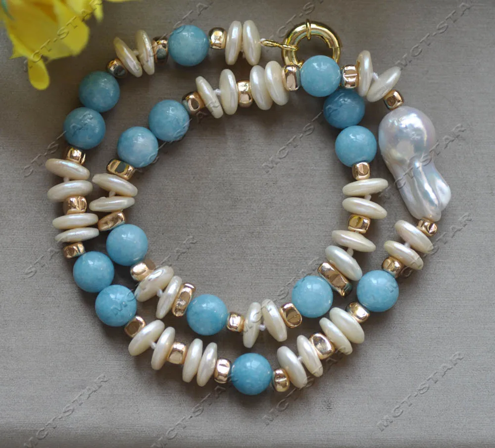 

Z12945 18'' 26mm Blue Aquamarin White Keshi Coin Pearl Necklace