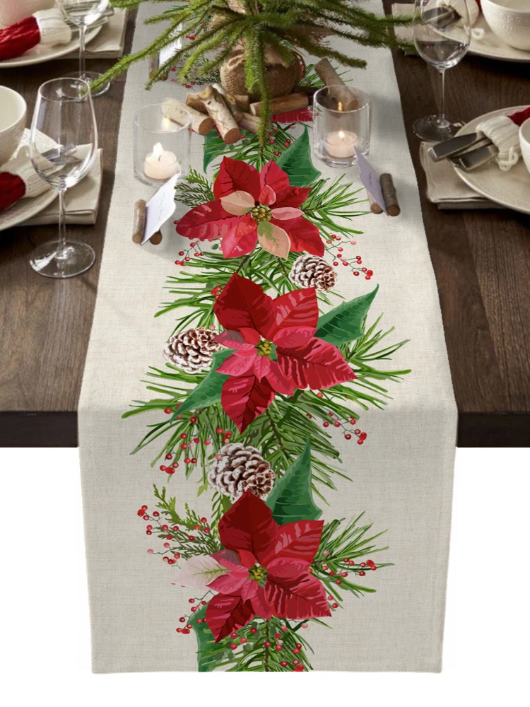 Runner Natalizio da Tavolo, Tovaglia Natale in Lino 33x180 cm Decorazioni per la Casa Tavola, Moderno Centrotavola Natalizio