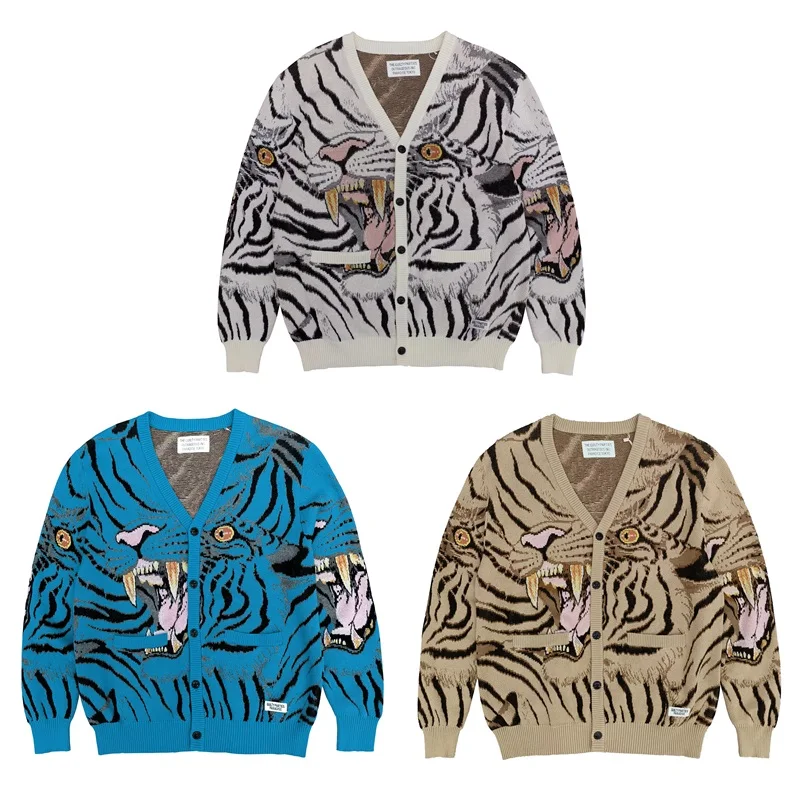 

New Autumn and Winter WACKO MARIA Sweater Tiger Totem Cotton V-neck Knit Jacquard Cardigan Men's Women's Loose Woolen Sweater