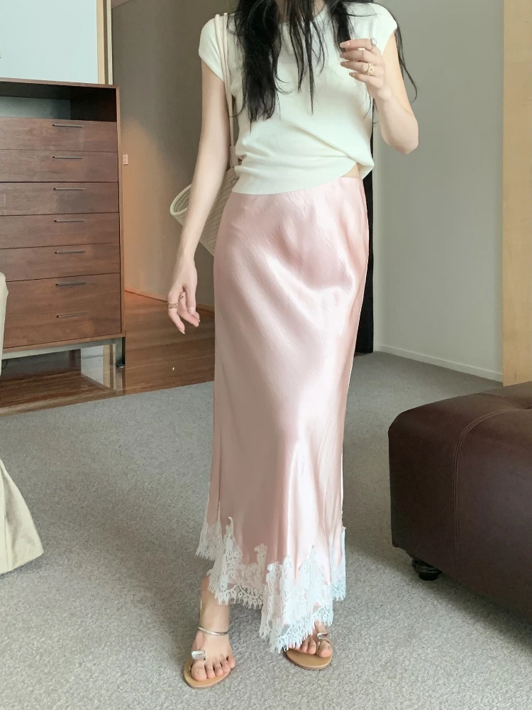 Satin Lace Patchwork Midi Skirt 2025 Women A-line Elegant Smooth Skirt Women Clothing 5