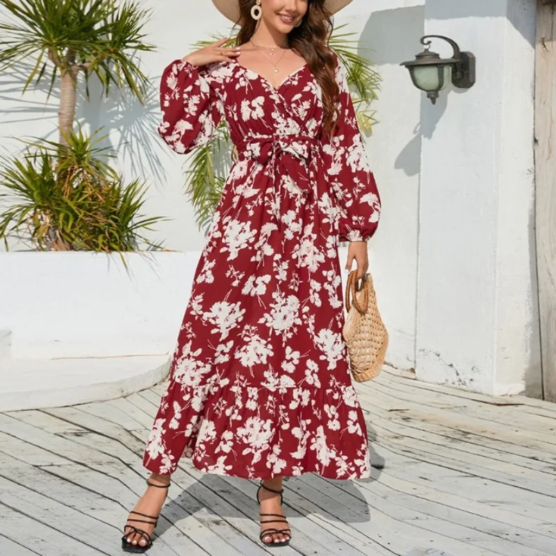 

2023 Autumn and Winter Women's Pullover V-Neck Lantern Sleeve Lace Up Print Slim Fit Fashion Casual Elegant Long Sleeve Dress