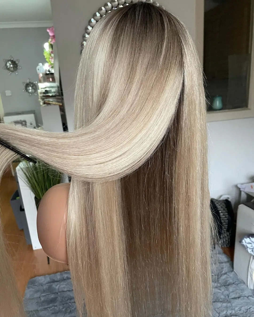 New in Wig Gold Blonde Highlight Synthetic Wig for Women Long Straight Ash Roots Heat Resistant Cosplay Fibre Hair 180% Full