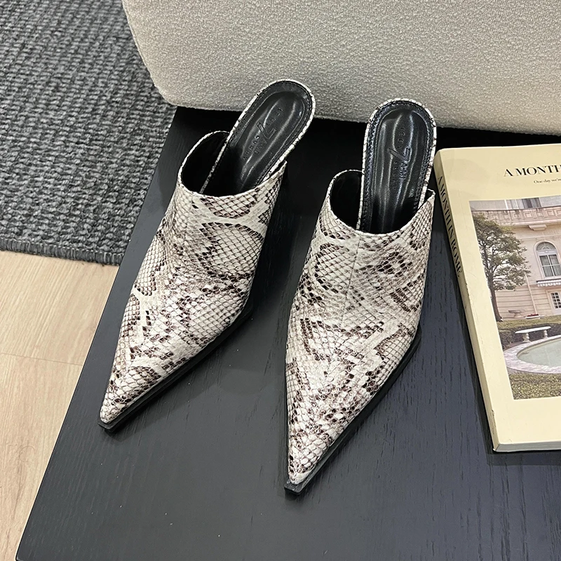 Pointed Snake Pattern Genuine Leather Shoes For Women Stiletto Heels Summer Slip-On Slides Fashion Party Sandals Women Slippers