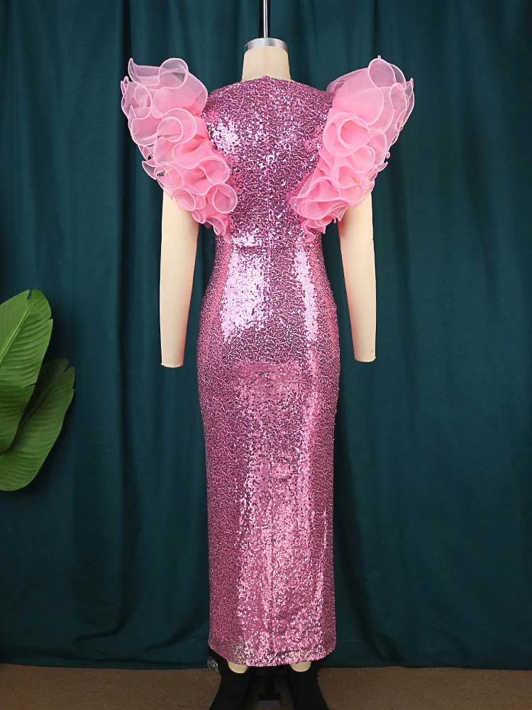 Pink Sequin Dress for Elegant Women Plus Size Party Ruffles Sleeveless Curvy Long Cocktail Chirstmas Evenging  Event Gowns 4XL