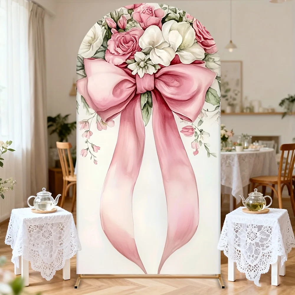 VIKAMA Rosa Blumen-Schleifenbogen-Hintergrundstoff – Dekorativer Hintergrund für Mädchen-Geburtstage und Hochzeiten – Detail 5