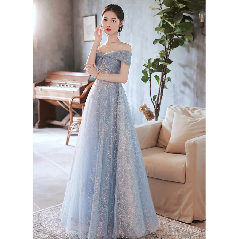 

Sweet Bow Off The Shoulder Evening Dresses New Simple Elegant Abiti Da Cerimonia Da Sera Shining Tulle Plus Size Party Dress