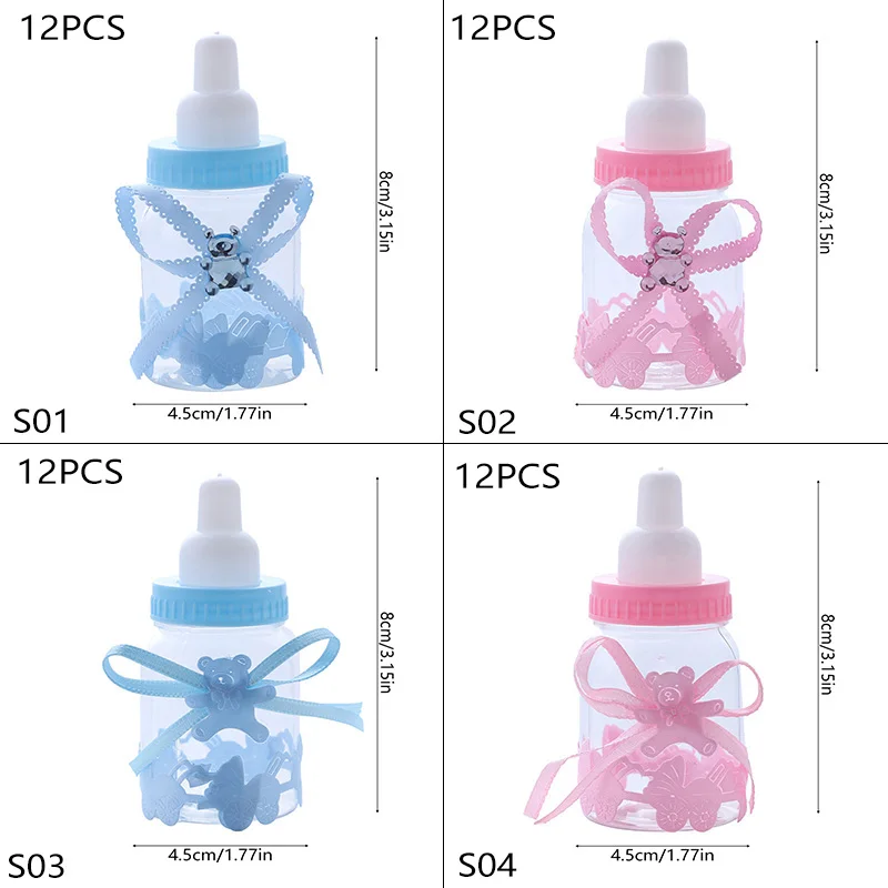 12pcs Baby Bottle Mini Blue Pink White Plastic Candy Boxes Baby Shower Favors Gifts Boys Girls Gender Reveal Party Decorations