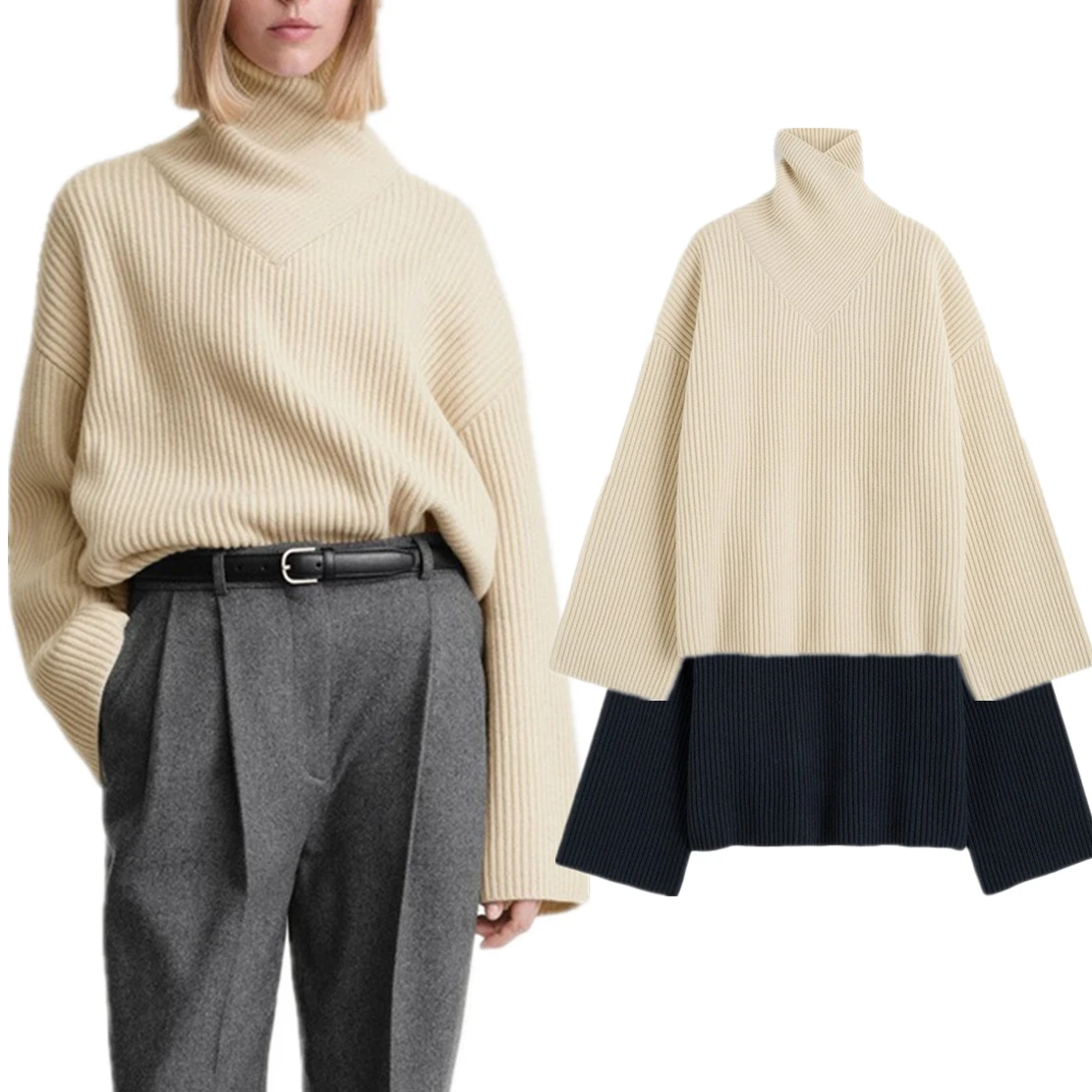 

Elmsk Nordic Minimalist Solid Color Crossover Turtleneck Wool Sweater Elegant Retro Loose Knitwear Winter Sweater Pullovers