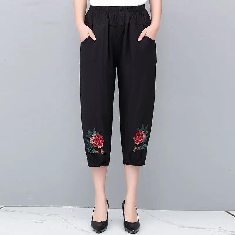 Summer New Women's Cotton Linen Embroidered Pants Black Embroidery Elastic High Waist Pockets Casual Versatile Straight Trousers