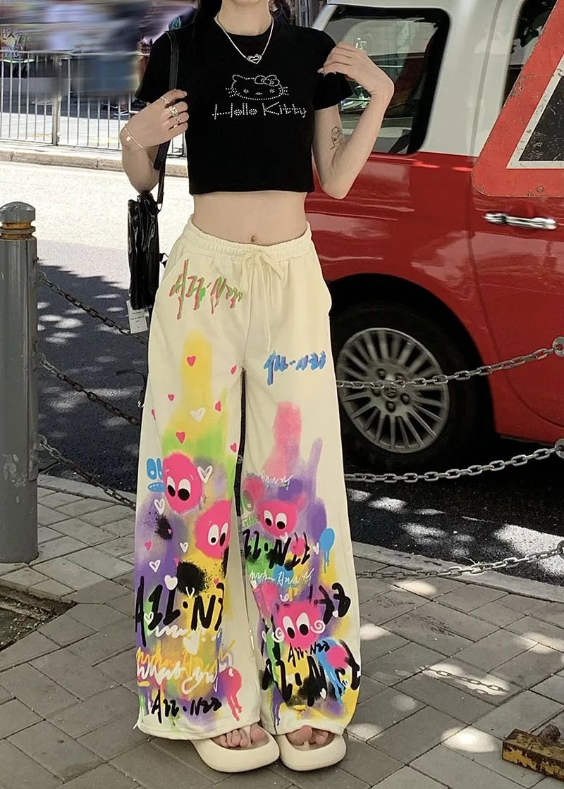 

Женская уличная одежда с принтом граффити, Свободные повседневные Прямые брюки с широкими штанинами в стиле Харадзюку, одежда в стиле хип-хоп Y2k на лето