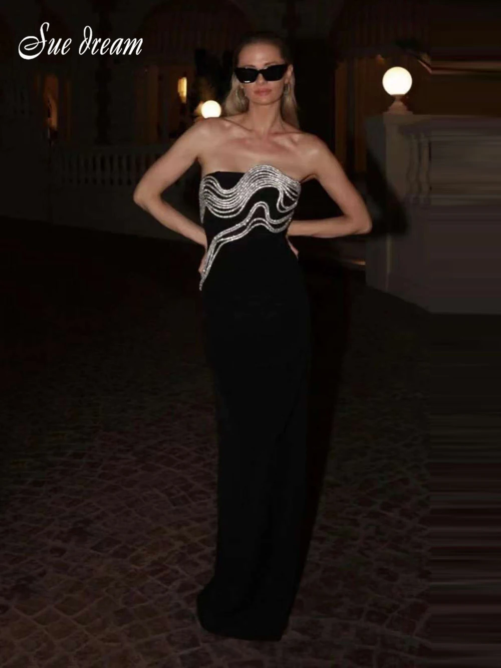 

Сексуальное женское длинное платье без бретелек с Алмазный бандаж, облегающее вечерние знаменитостей, коктейльное вечернее платье Vestidos