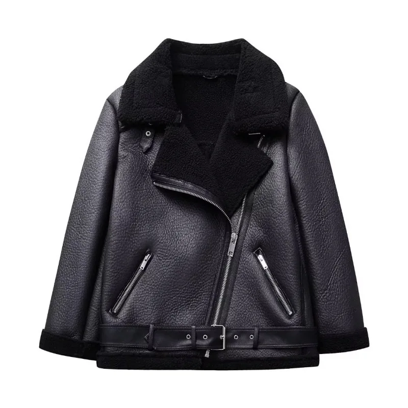 

New Women Autumn/Winter Motorcycle Jacket Fashion Polo Collar Long Sleeve Zipper Warm Thick Coat Trendy Street Style