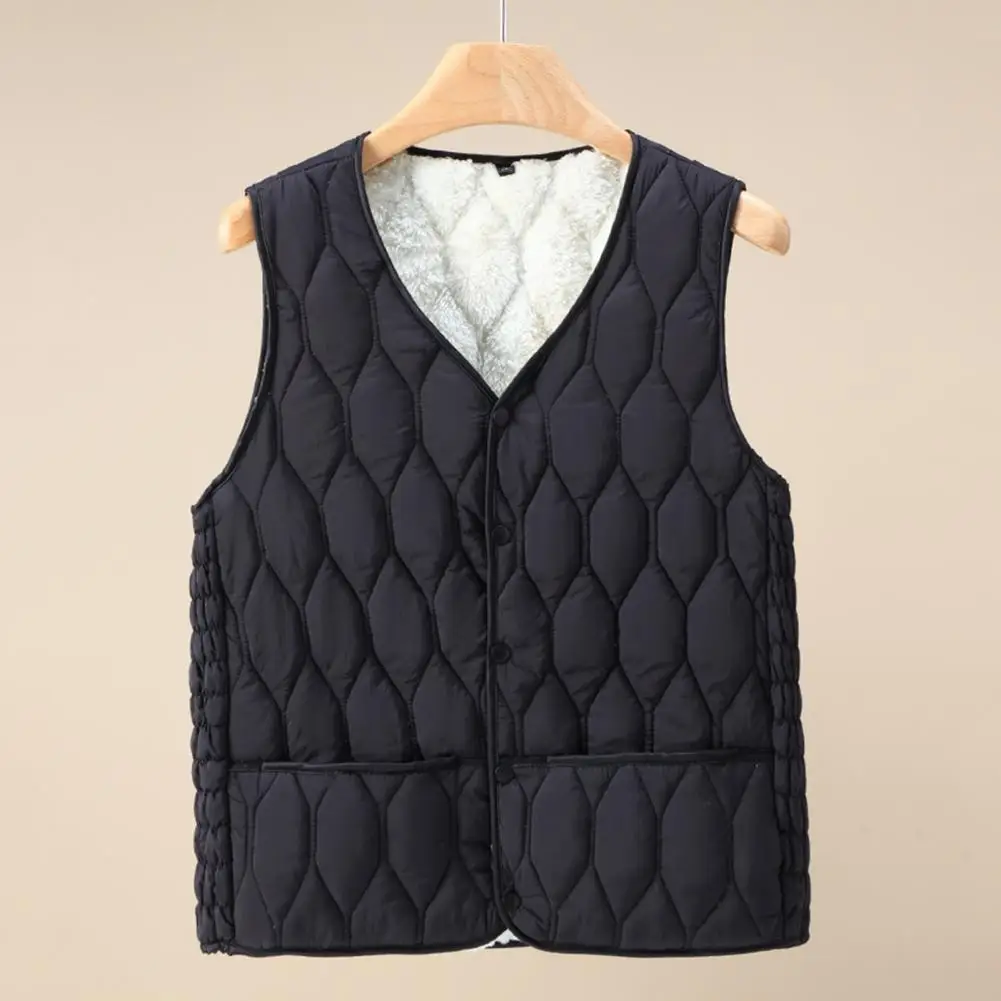 

Women Vest Plush Padded V-neck Women's Vest for Fall Winter Soft Warm Windproof Waistcoat with Rhombus Texture Sleeveless Solid