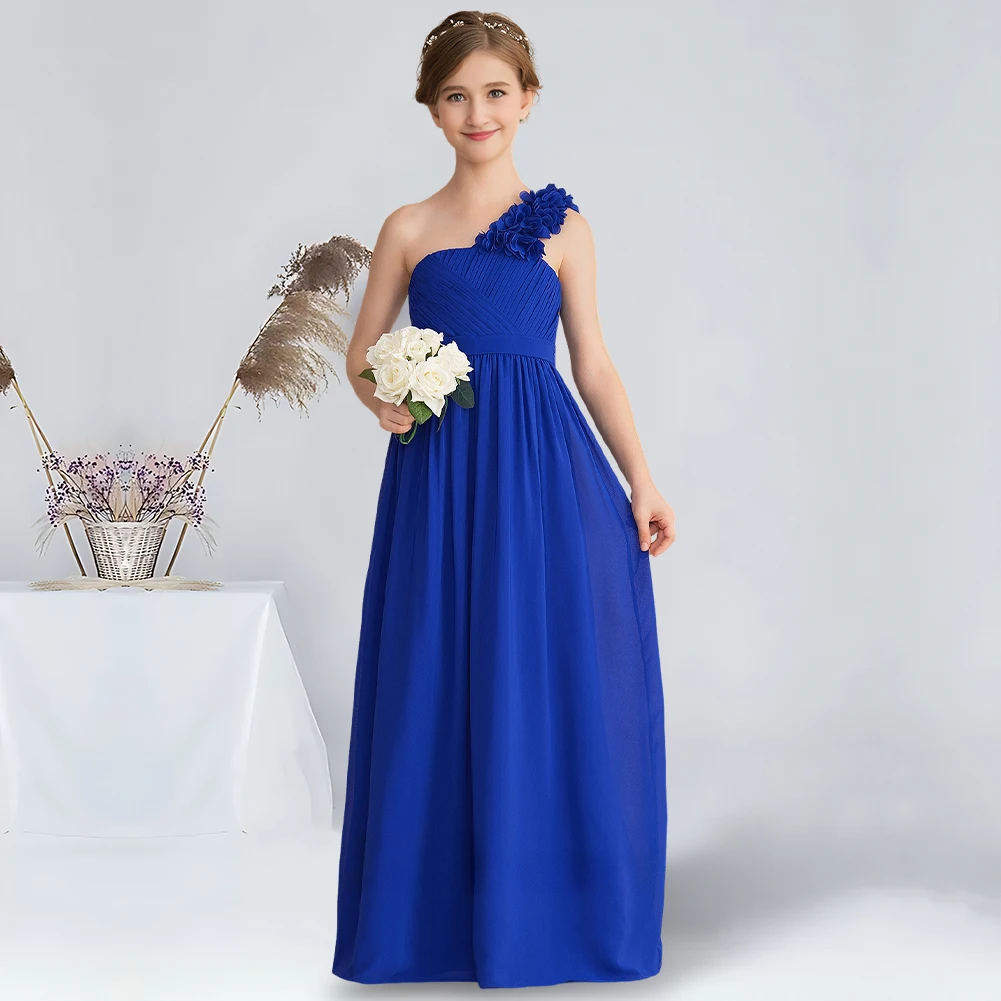 

A-line One Shoulder Floor-Length Chiffon Junior Bridesmaid Dress With Flower Royal Blue Flower Girl Dress for Wedding Communion