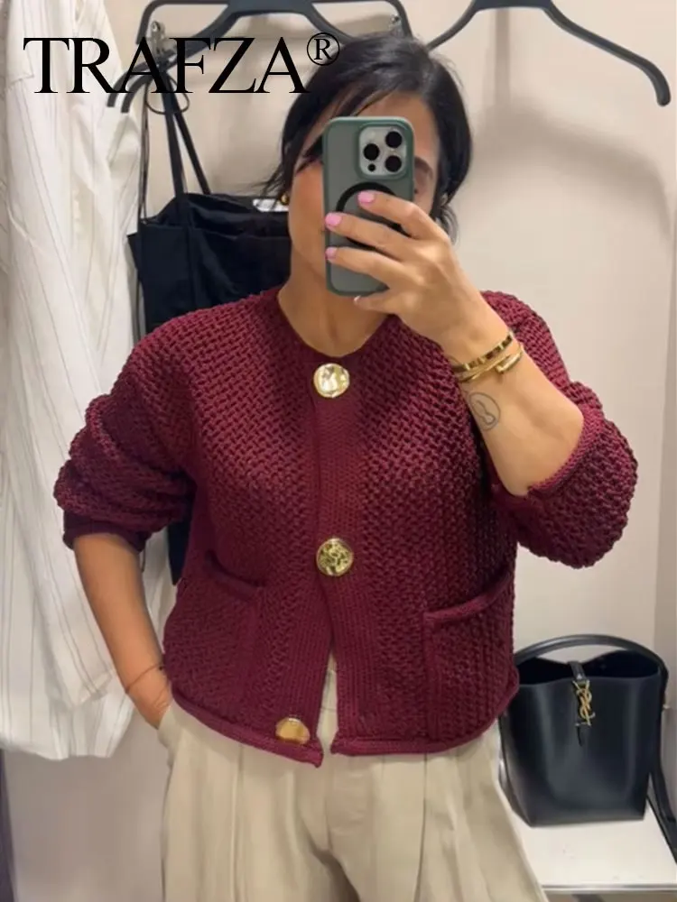 HH Autumn Fashion Women Sweater Coat Vintage Wine Red O-Neck Long Sleeve Single Breasted Female Casual Loose Knit Top