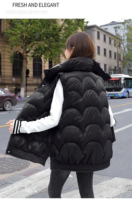 duvet coats 2021 Autumn Winter Korean Loose Women's Vest Down Cotton Bright  Fabric Wearing Warm Vest Girl Outdoor Student Black black puffer coat with hood