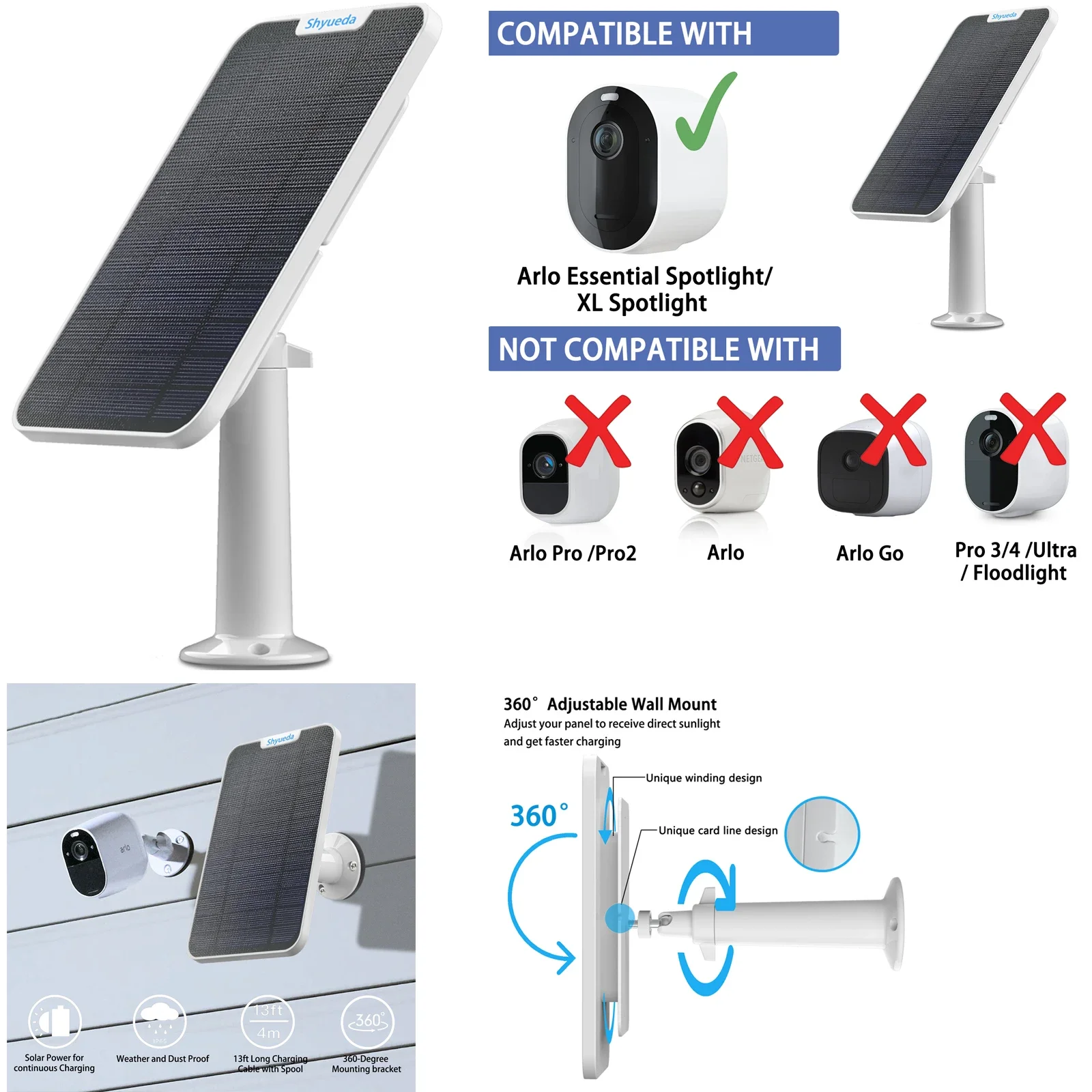2 Pannelli Solari Da 5 W Compatibili Con Arlo Essential Spotlight/XL - Impermeabili IP65, Cavo 3 M, Montaggio A Parete