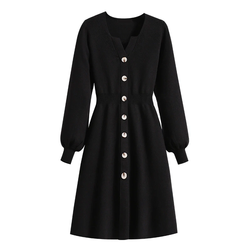 

Elegant Knee-length Knitted Dress For Women 2023 Female Large Size 4XL Autumn Winter Loose Black Single-breasted Party Clothes