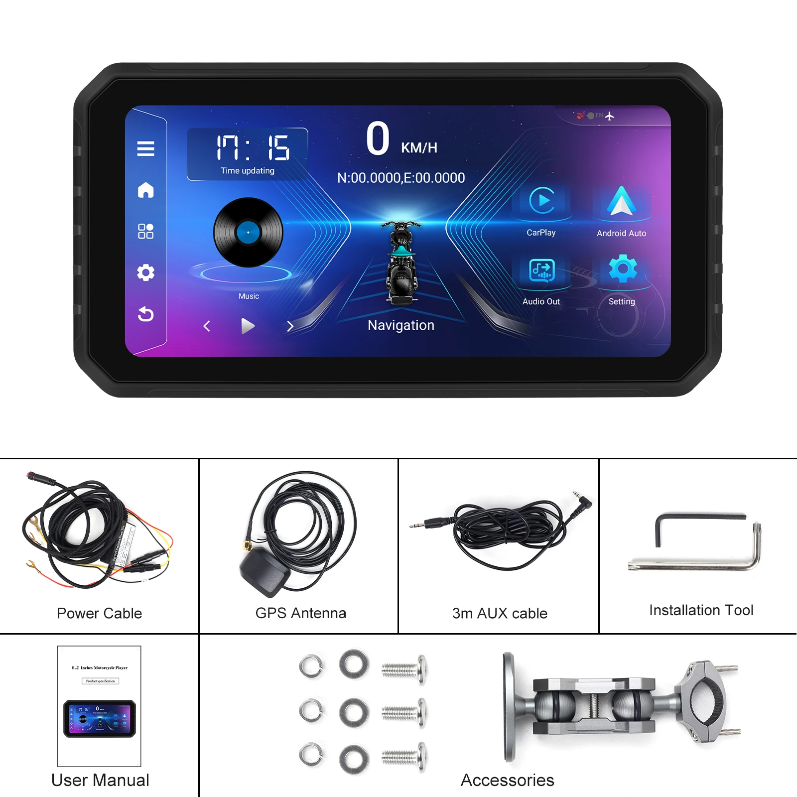 Podofo Android 6.2'' Motorcycle Monitor 2+32G Wireless Carplay Portable Smart Player Wireless Android Auto GPS DVR WIFI Motor images - 6