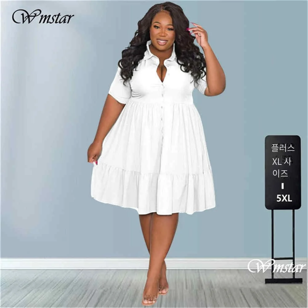 Wmstar-귀여운 볼 가운 셔츠 미니 드레스 여성용, 플러스 사이즈, 여름 드레스, 단색, 우아한 캐주얼, 도매, 드롭 배송