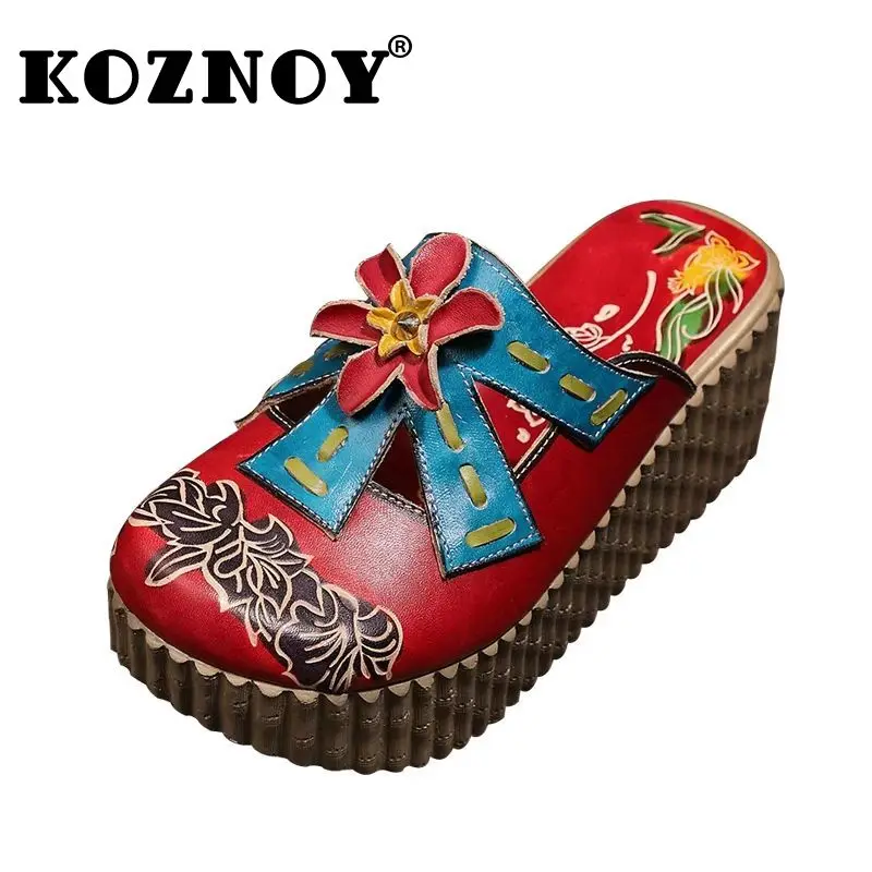 

Koznoy 6cm Ethnic Style Cow Genuine Leather Summer Sandals Hollow Casual Women High Heels Platform Wedge Shoes Ladies Slipper
