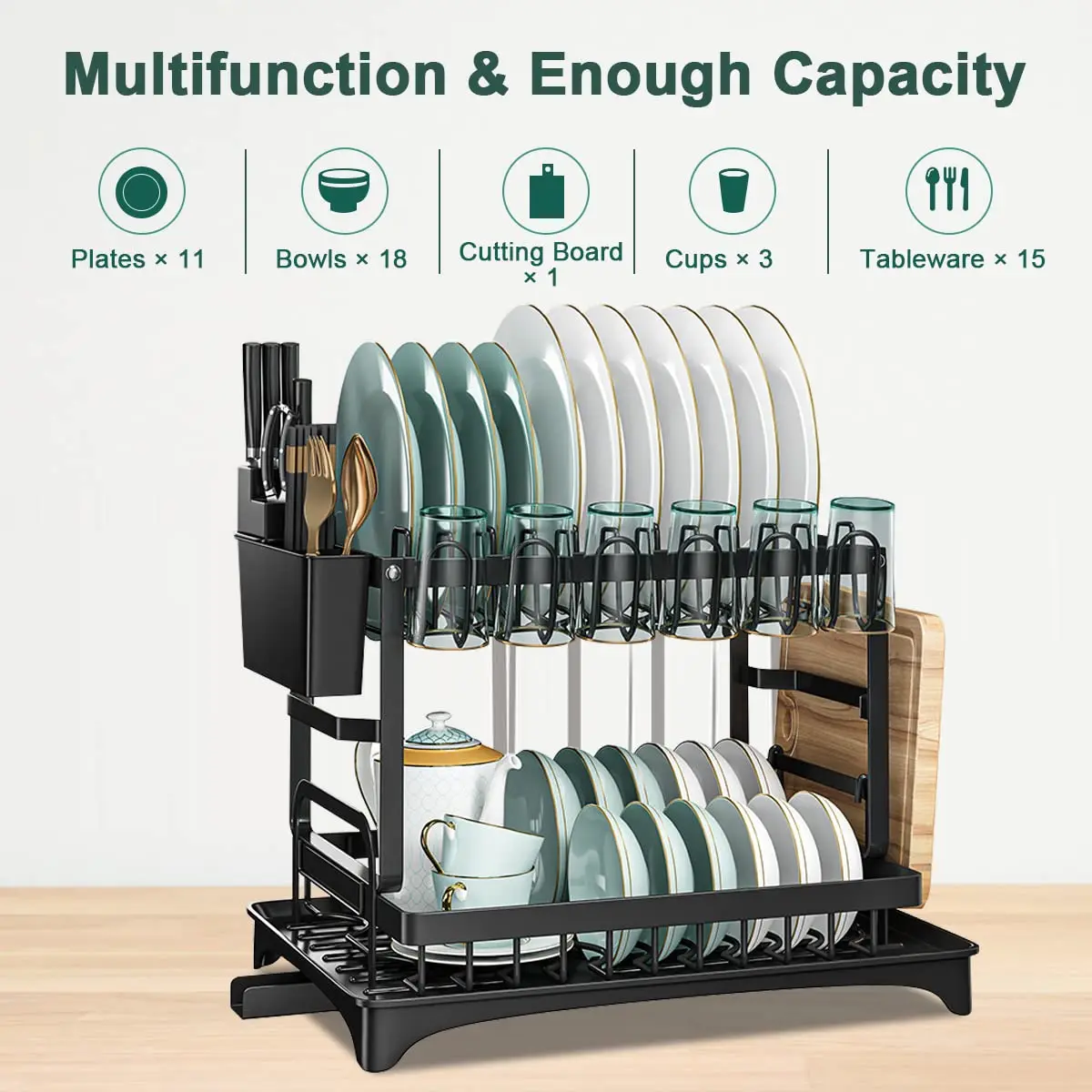 رف تجفيف الأطباق من طبقتين، يوفر مساحة مع حامل أوا...
