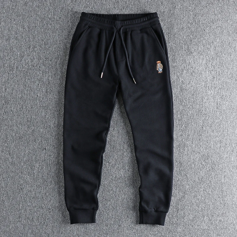 Autumn American Simple Waffle Embroidery Sweatpants Men\'s Fashion Pure Cotton Loose Elastic Waist Drawstring Sport Casual Pants