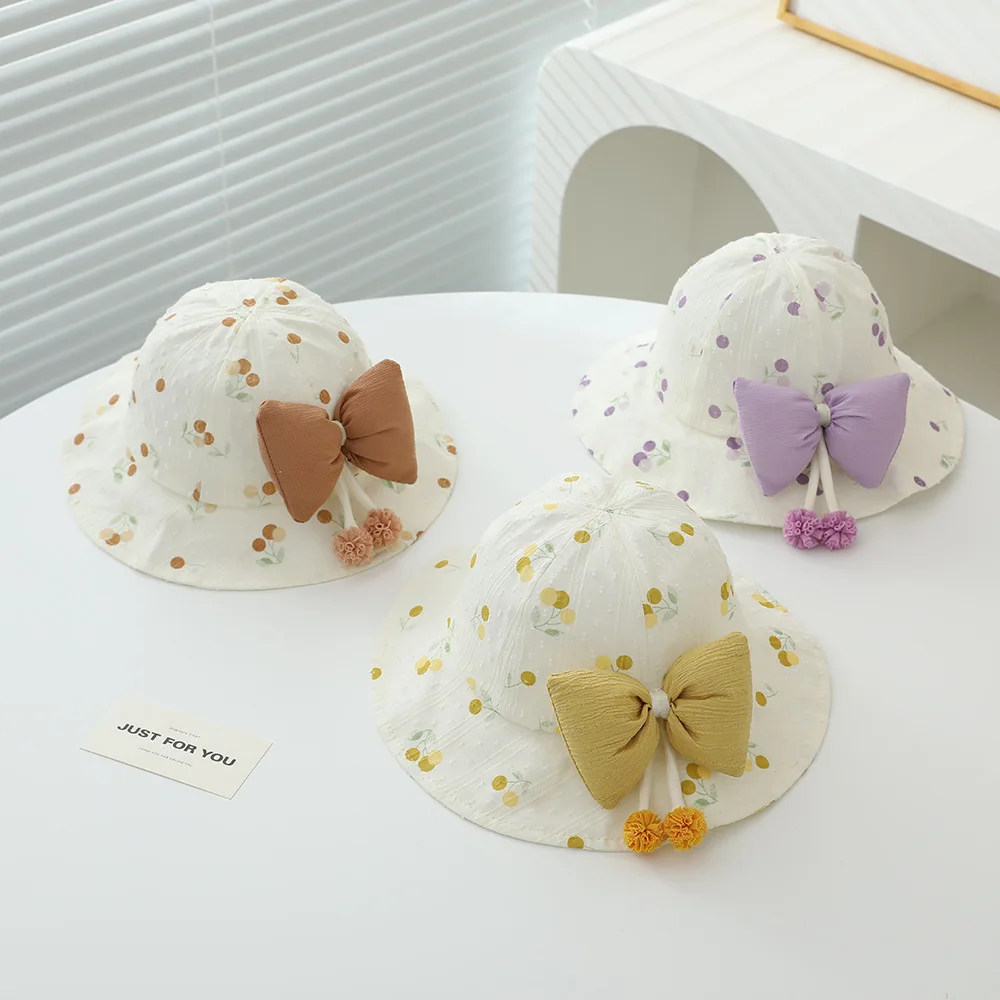 New Spring Summer Fruit Print Baby Sun Hat Big Bow With 2 Hanging Balls Girls Fisherman Cap Cute Princess Bucket Hat
